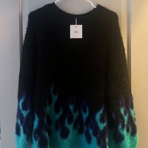 Adika, Black and Blue Fuzzy Flame Sweater, One Size Fits All